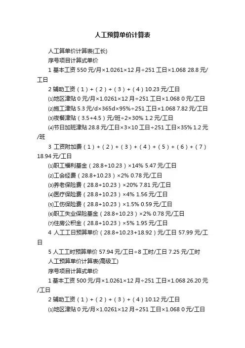 人工预算单价计算表