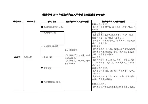制造学院2019年硕士研究生入学考试自命题科目参考资料