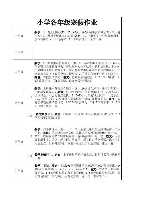 小学作业清单