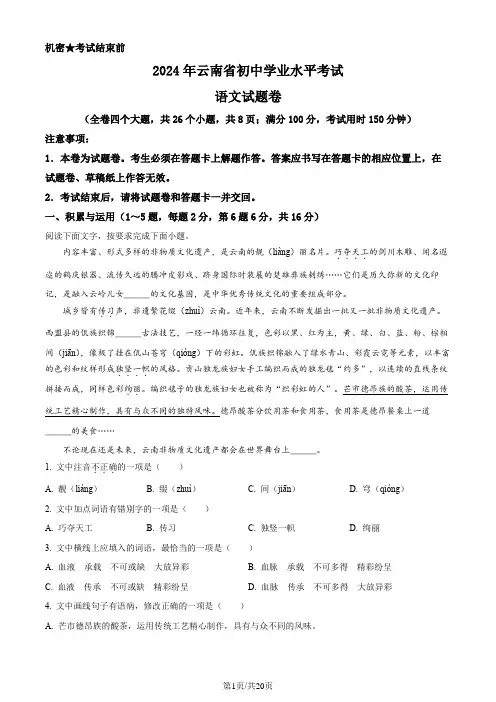 2024云南省中考真题语文(解析版)