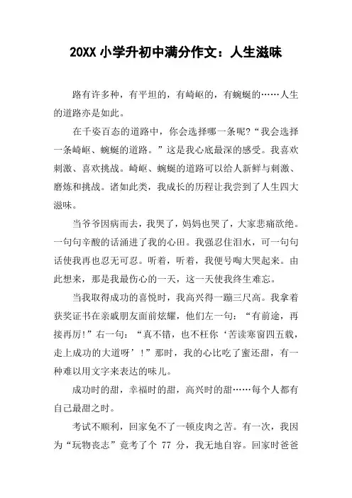 20XX小学升初中满分作文：人生滋味