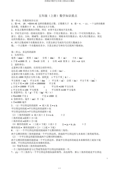 苏教版书数学五年级上册知识点归纳