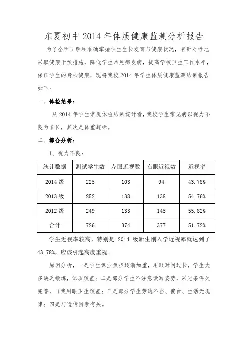 东夏初中2014年体质健康监测分析报告