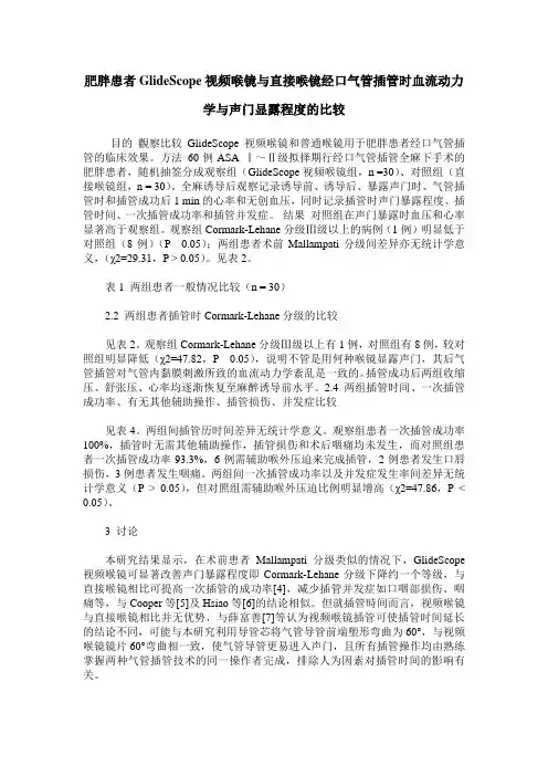 肥胖患者GlideScope视频喉镜与直接喉镜经口气管插管时血流动力学与