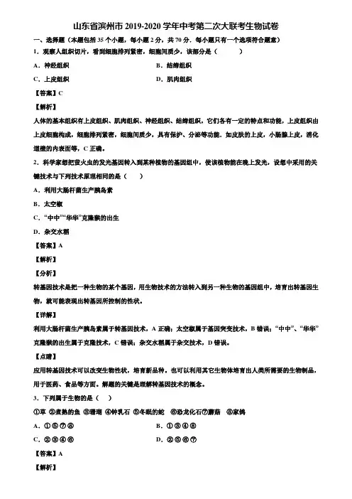 山东省滨州市2019-2020学年中考第二次大联考生物试卷含解析