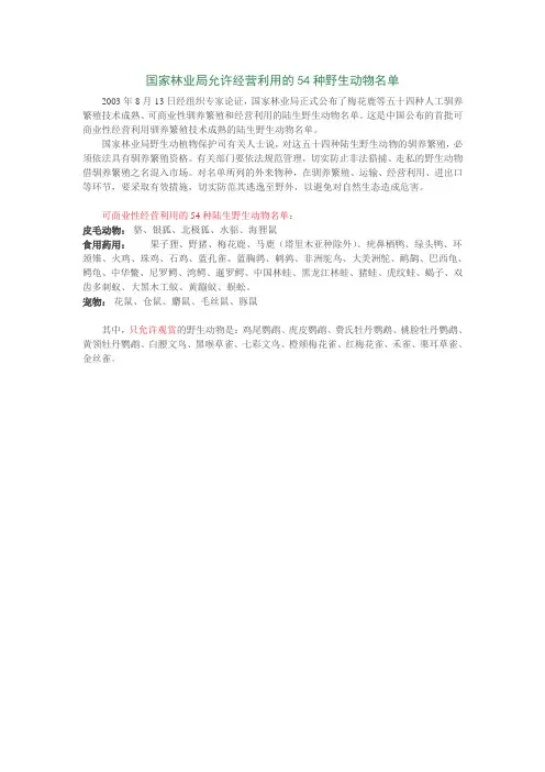 国家林业局允许经营利用的54种野生动物名单
