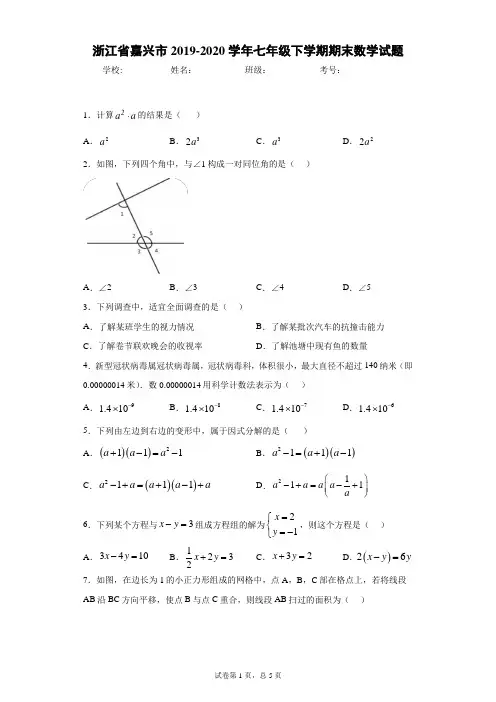 浙江省嘉兴市2019-2020学年七年级下学期期末数学试题