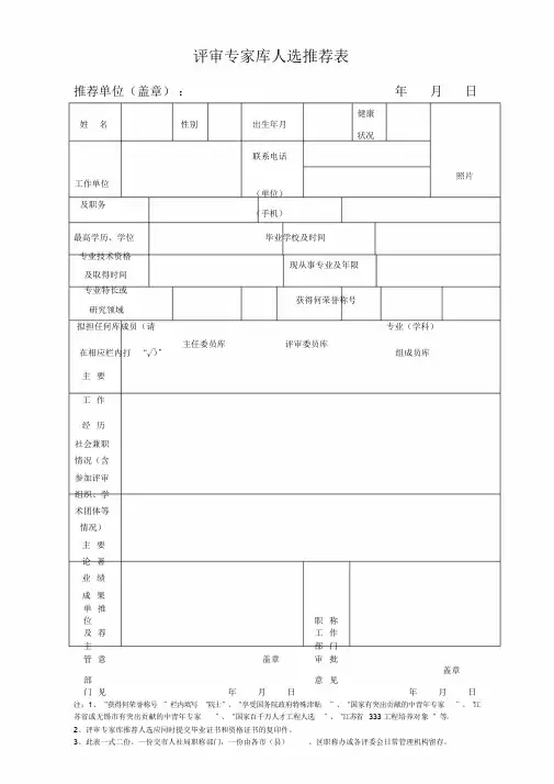 评审专家库人选推荐表