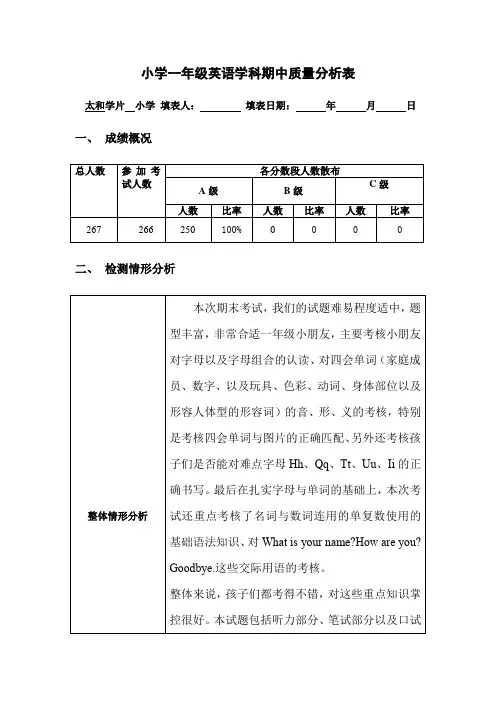 小学一年级英语期末质量分析表