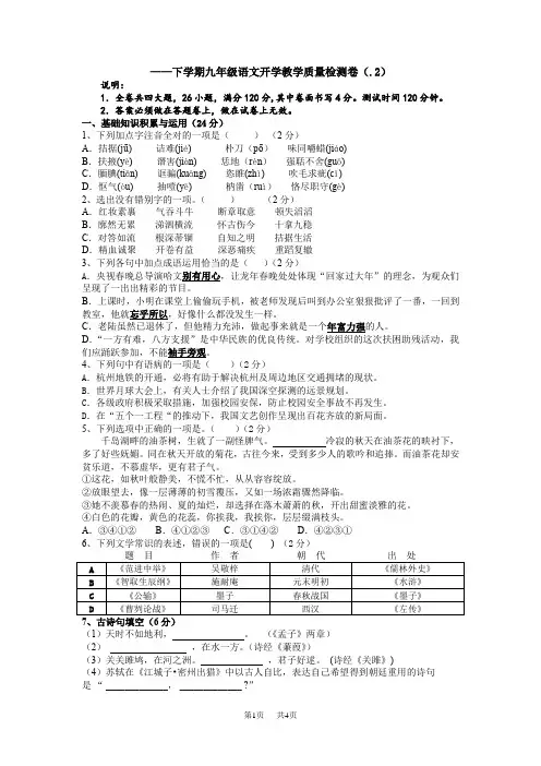 人教版下学期九年级语文开学教学质量检测卷 (2)