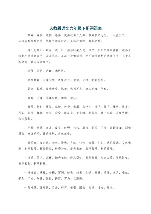 人教版语文六年级下册词语表