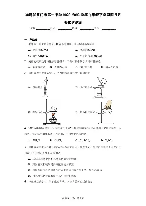 福建省厦门市第一中学2022-2023学年九年级下学期四月月考化学试题(含答案解析)