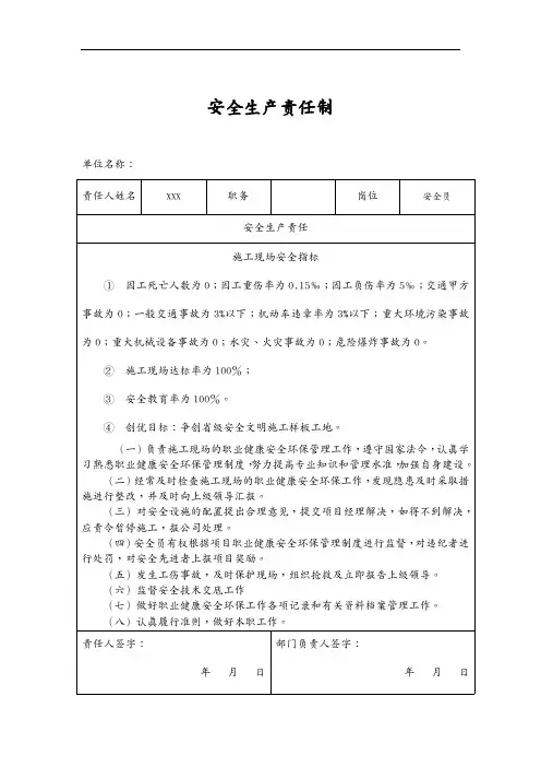 (安全生产)2020年各岗位安全生产责任制表格