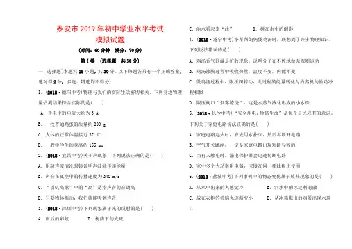 泰安市2019年初中学业水平考试物理模拟试题