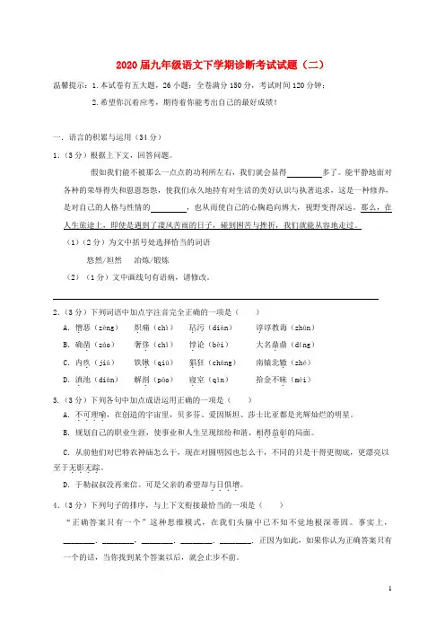2020届九年级语文下学期诊断考试试题(含解析)