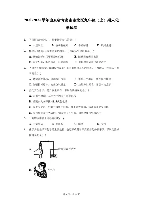 2021-2022学年山东省青岛市市北区九年级(上)期末化学试卷(附详解)
