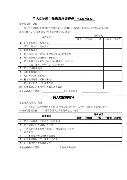 手术室护理工作满意度调查表(手术医师填写)