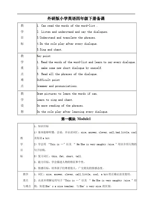 外研版小学英语三年级起点四年级下册全册教案