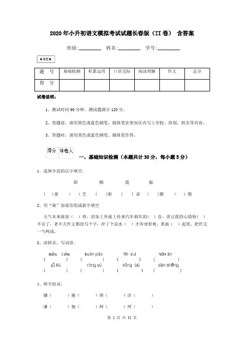 2020年小升初语文模拟考试试题长春版(II卷) 含答案