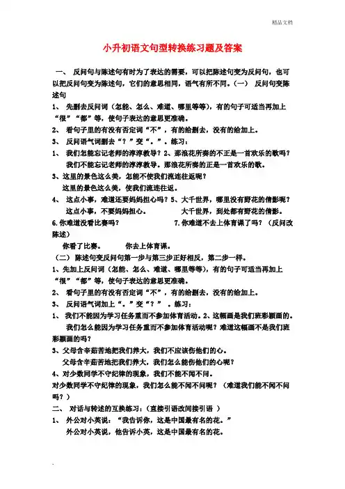 最新小升初语文句型转换练习题及答案