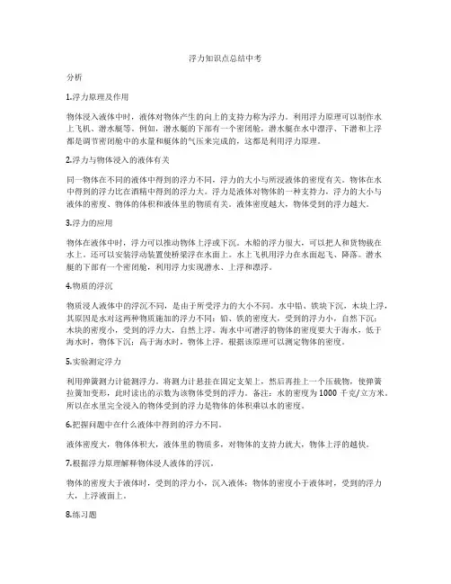 浮力知识点总结中考