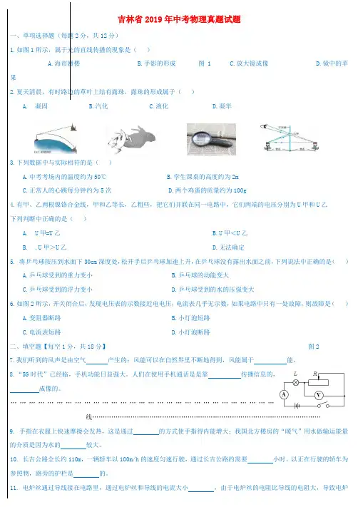 吉林省2019年中考物理真题试题