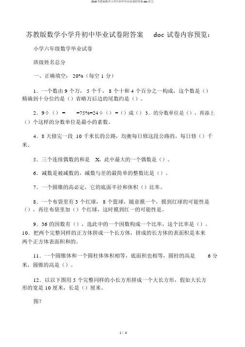 2019苏教版数学小学升初中毕业试卷附答案doc语文
