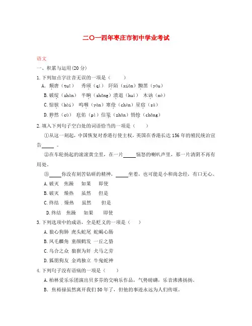 山东省枣庄市2020年中考语文真题试题(含答案)