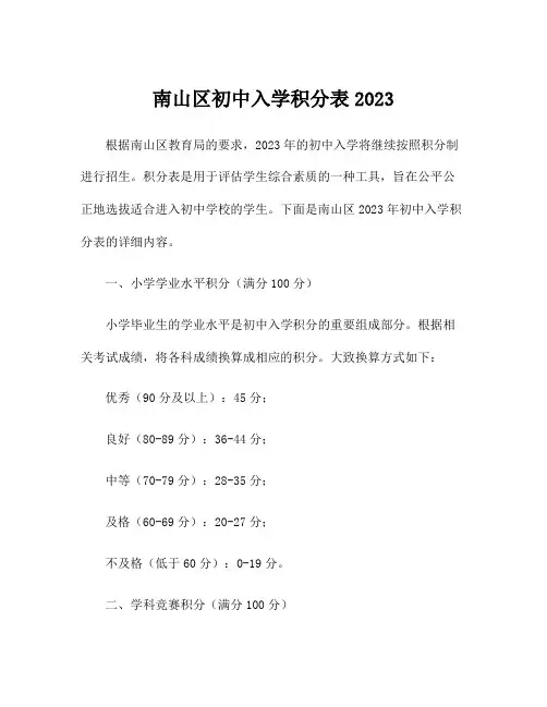 南山区初中入学积分表2023