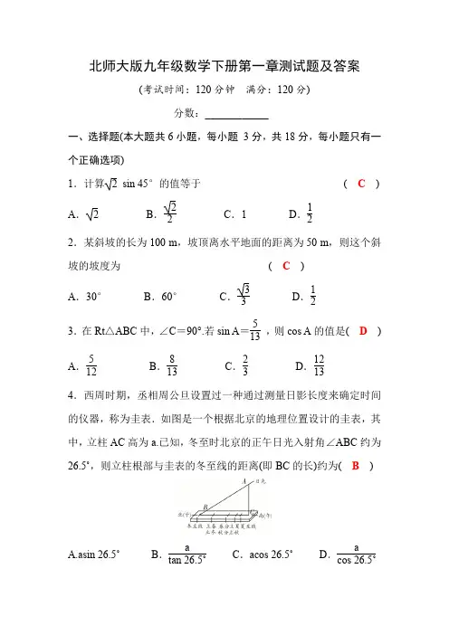 北师大版九年级数学下册第一章测试题及答案