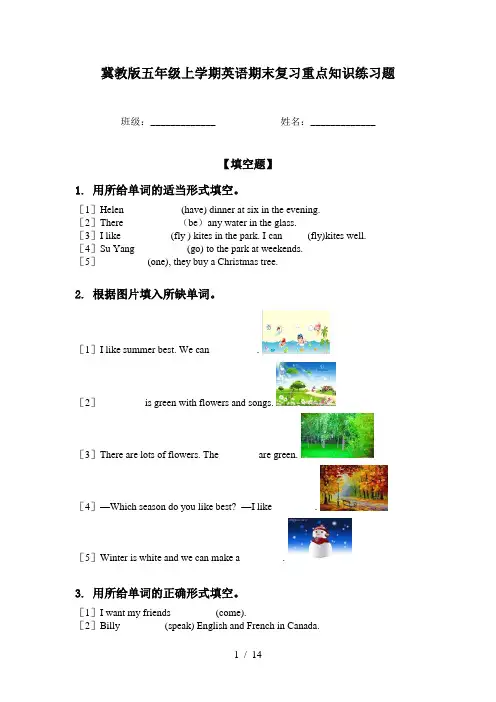 冀教版五年级上学期英语期末复习重点知识练习题