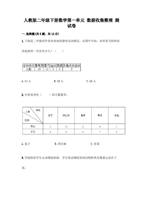 人教版二年级下册数学第一单元 数据收集整理 测试卷附参考答案(完整版)