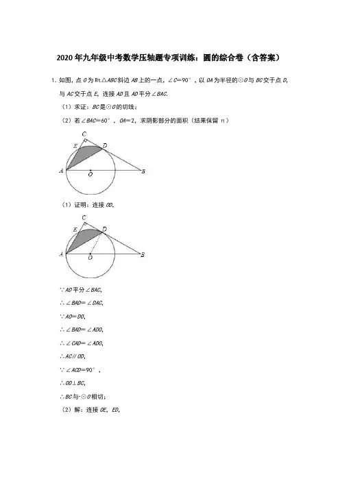 2020年九年级中考数学压轴题专项训练：圆的综合卷(附答案)