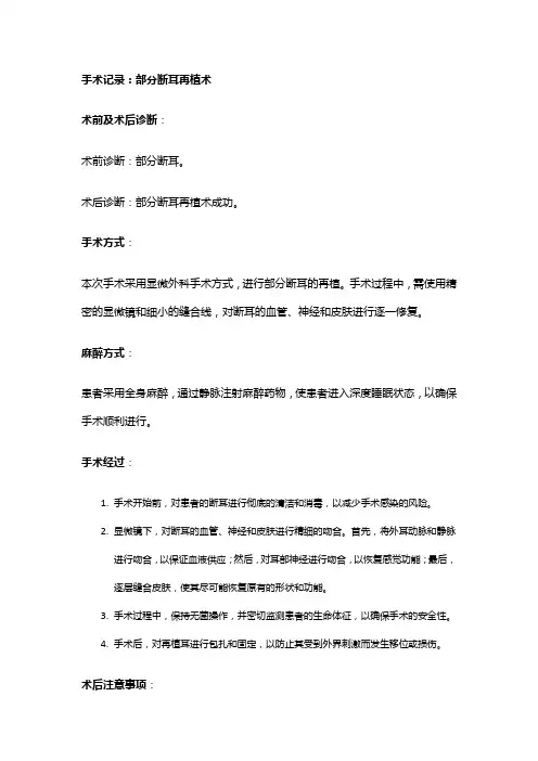手术记录：部分断耳再植术