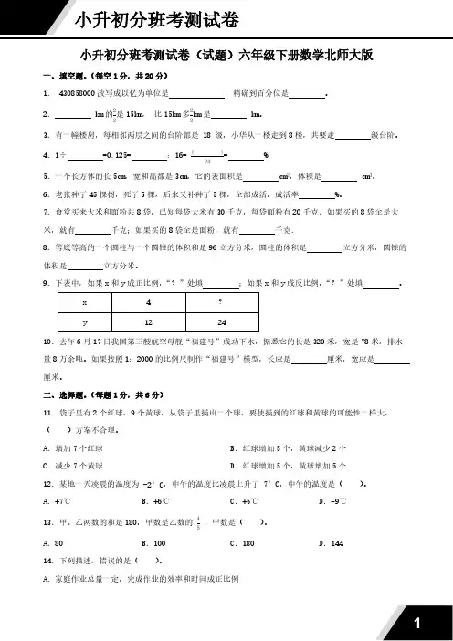 小升初分班考测试卷(试题)(含答案)2023-2024学年六年级下册数学北师大版