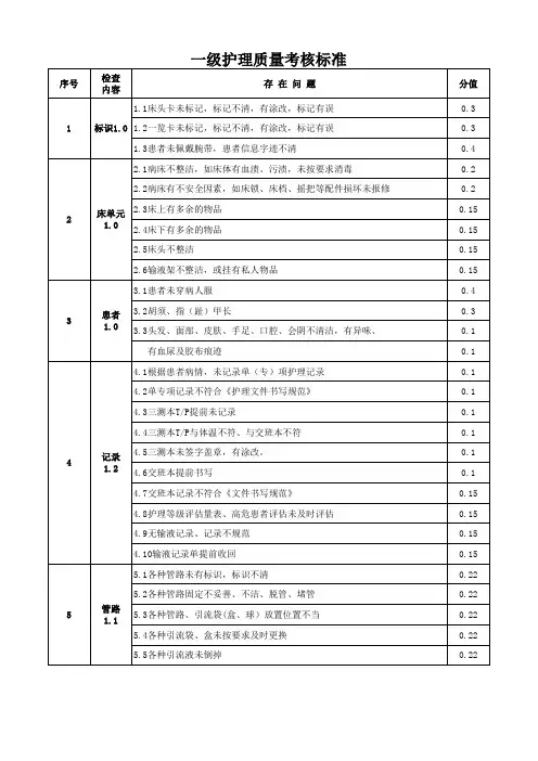一级护理质量考核标准
