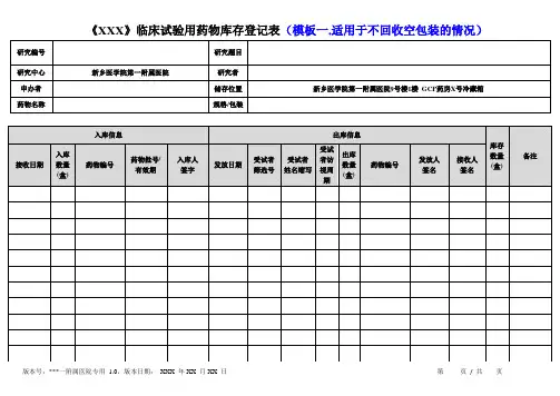 临床试验用药物库存登记表(模板一,适用于不回收空包装的情况)