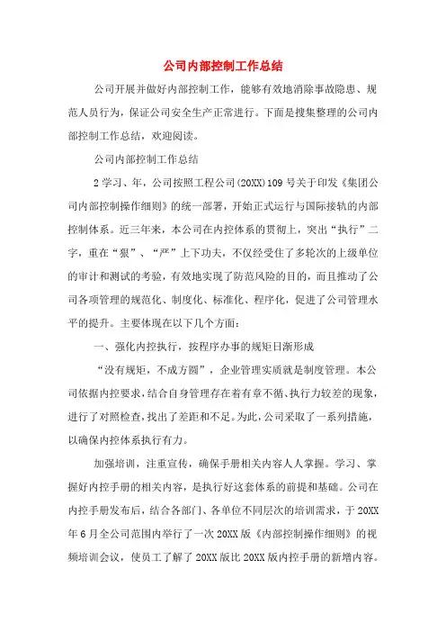 2019年公司内部控制工作总结