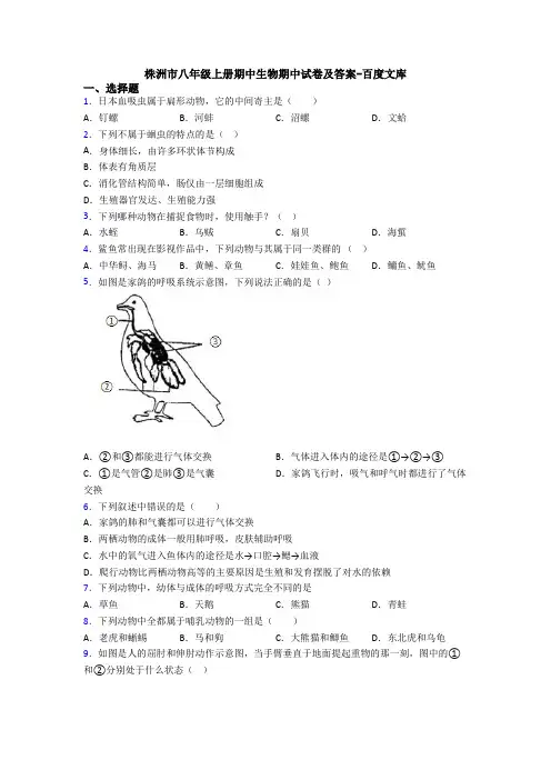 株洲市八年级上册期中生物期中试卷及答案-百度文库