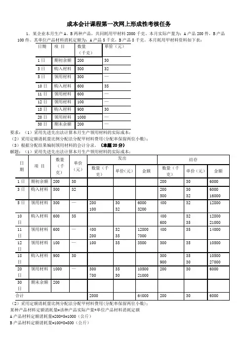 成本会计课程5次网上形成性考核任务