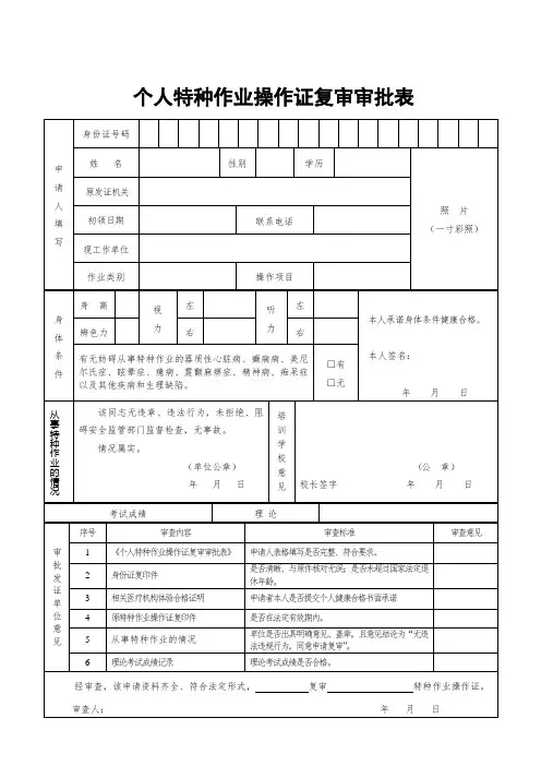 个人特种作业操作证复审审批表