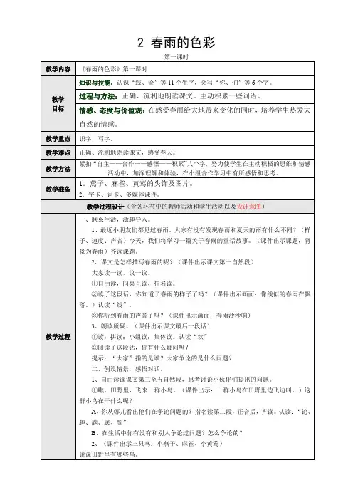 人教版小学语文一年级下册(课件+教案+单元试卷)2春雨的色彩第一课时