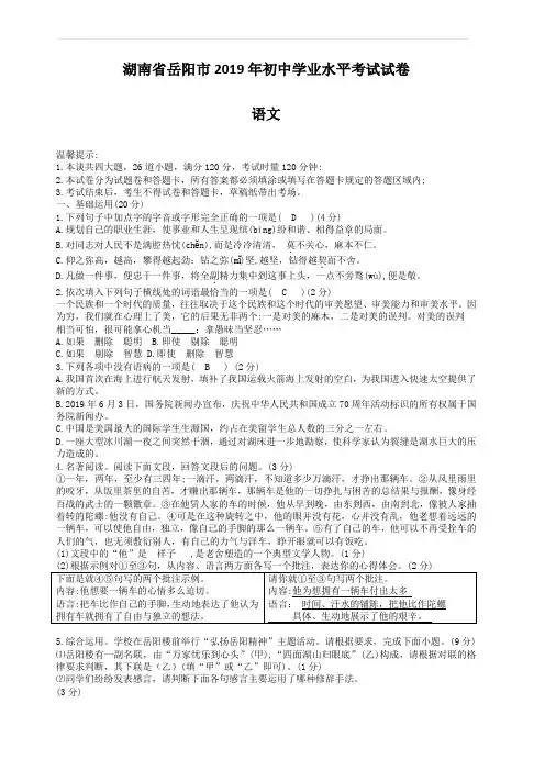 湖南省岳阳市2019年中考语文试题(有答案)