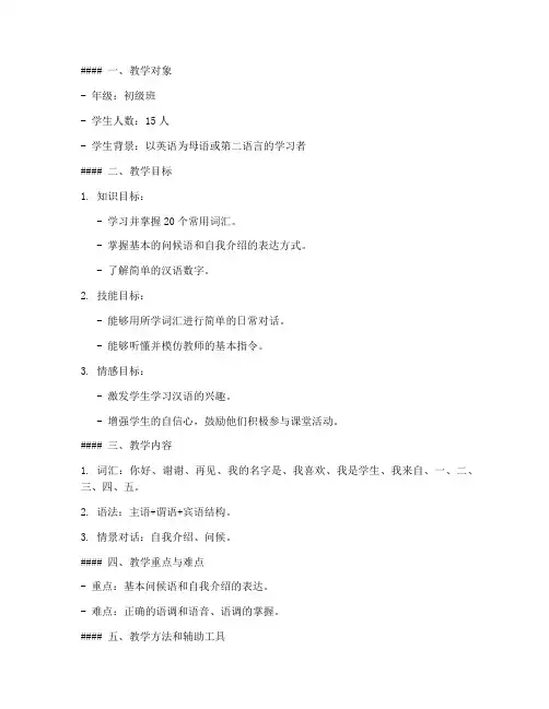 初级对外汉语教案模板范文
