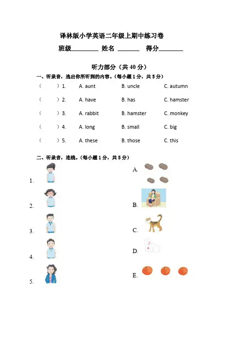 二年级上册英语试题-期中练习卷(5)牛津译林版(一起)