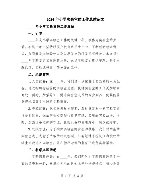 2024年小学实验室的工作总结范文