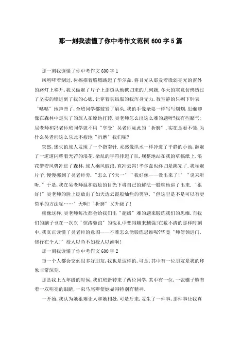 那一刻我读懂了你中考作文范例600字5篇