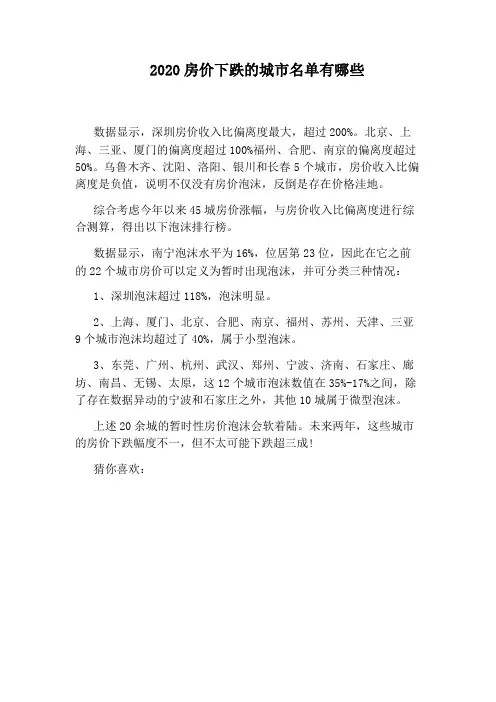 2020房价下跌的城市名单有哪些