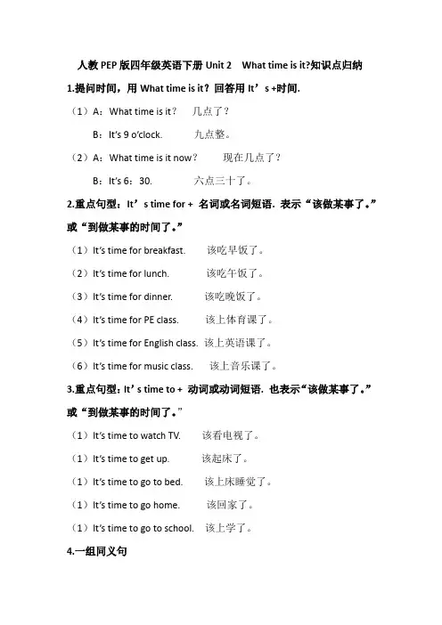 人教PEP版四年级英语下册Unit 2  What time is it知识点归纳