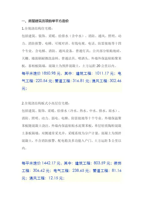 工程造价各项单方指标参考